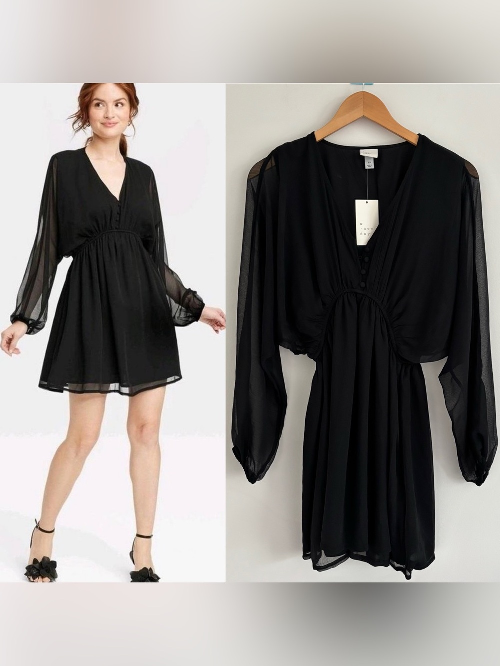 A New Day Women's Chiffon Black Balloon Long Sleeve Mini Dress XS NEW